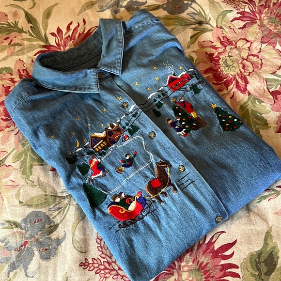 KAREN SCOTT sz 2X Denim Shirt Embroidered Christmas Holiday Cotton Kitsch Winter - Picture 4 of 16